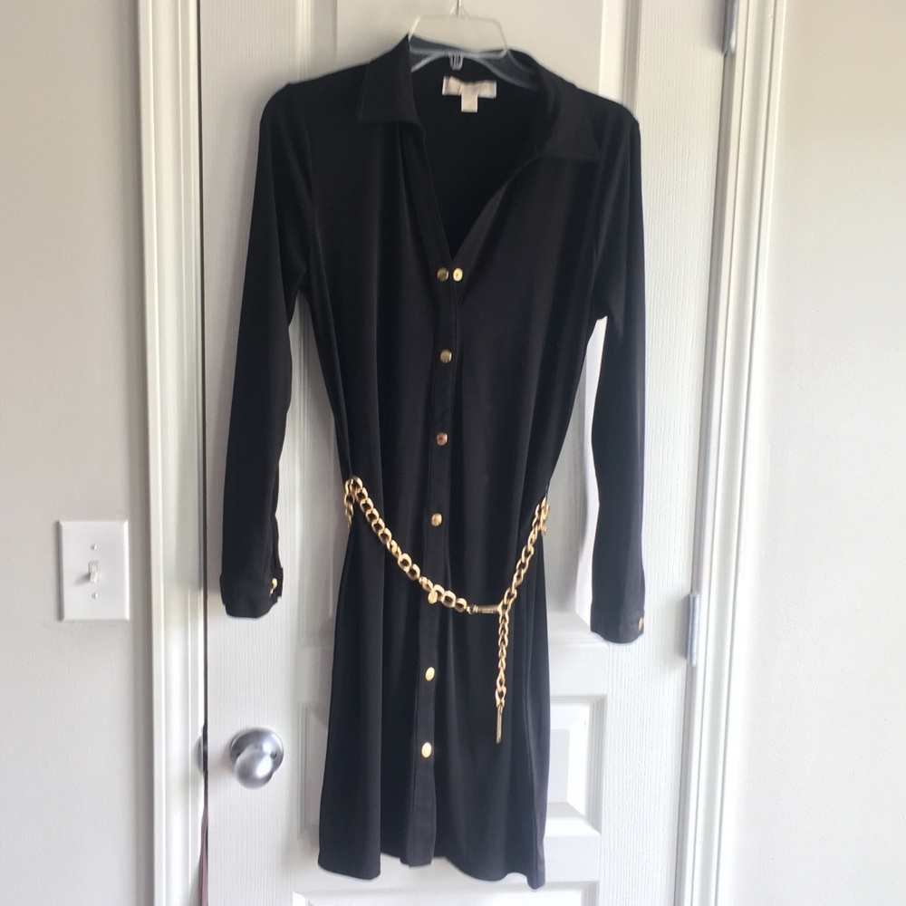 MICHAEL Michael Kors Black Midi Dress with Gold Chain